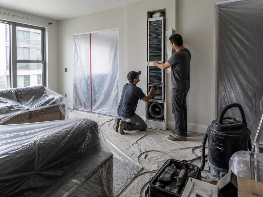 Workers replacing a vertical HVAC unit in a condo with furniture covered in tarps and dust containment plastic